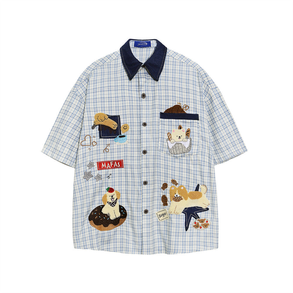 Cartoon embroidery plaid short sleeved shirt
