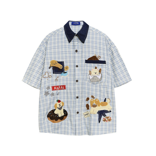 Cartoon embroidery plaid short sleeved shirt