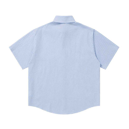 Fun cartoon dog print checkered short sleeved shirt
