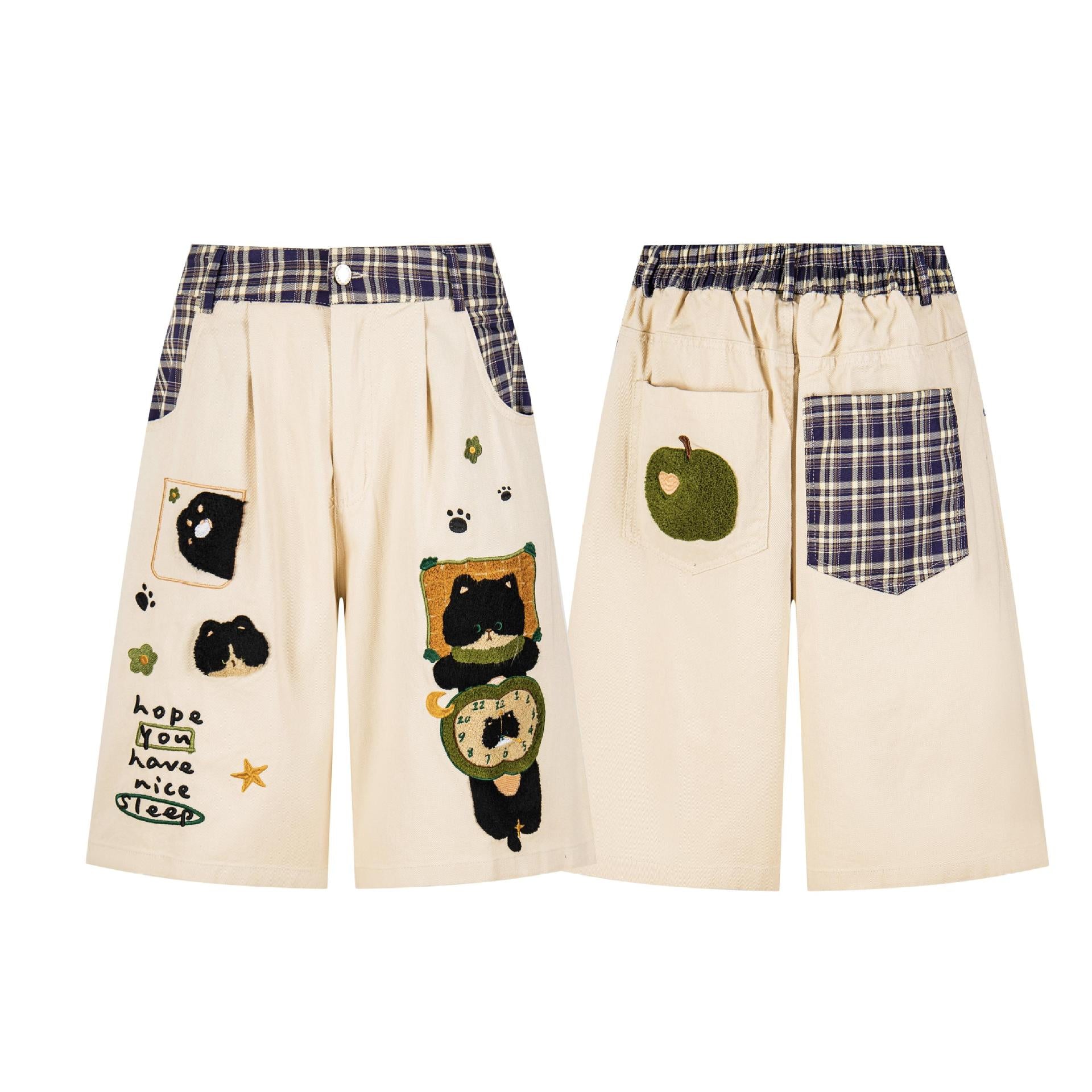 Cat Embroidered plaid Waist Head Contrasting Color Wide Leg Shorts