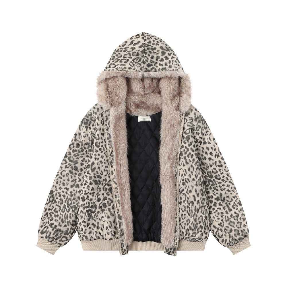 Wool collar hooded leopard print jacket for women | MuddyStock Originals