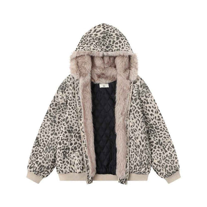 Wool collar hooded leopard print jacket for women | MuddyStock Originals