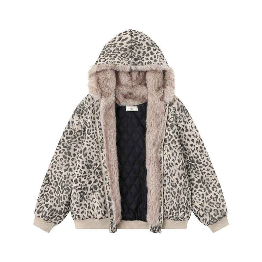 Wool collar hooded leopard print jacket for women | MuddyStock Originals