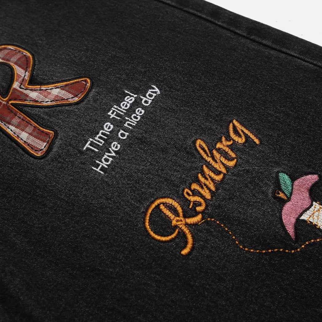 Retro plaid fun apple embroidered jeans for men and women | MuddyStock Originals MuddyStock