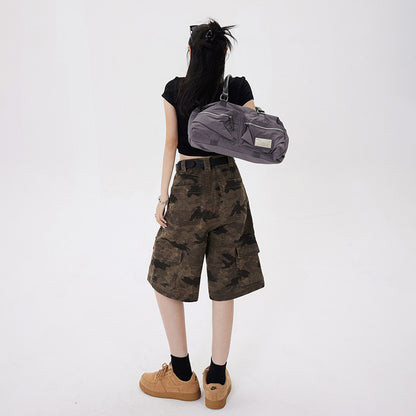 Women's High-Waist Wide-Leg Camouflage Shorts Multi-Pocket Work Pants Denim Pants