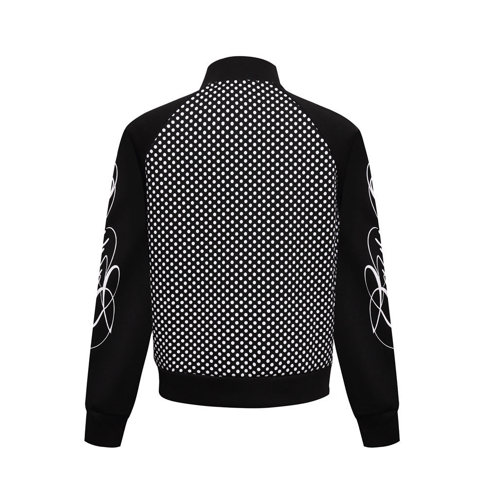Men's All-Over Polka Dot Print Stand Collar Open Front Athletic Jacket with Three Stripes Webbing