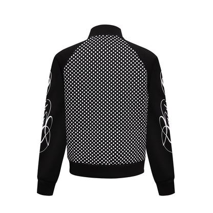 Men's All-Over Polka Dot Print Stand Collar Open Front Athletic Jacket with Three Stripes Webbing
