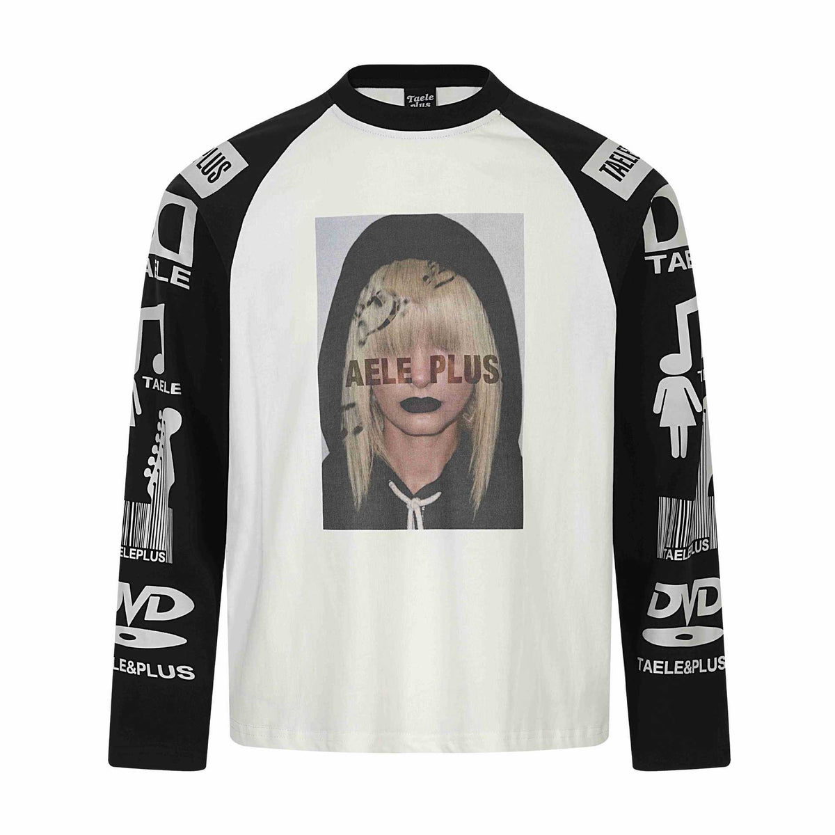 Graphic T-Shirt with Music Note Print, Color Block Drop Shoulder, Loose Fit Long Sleeve White