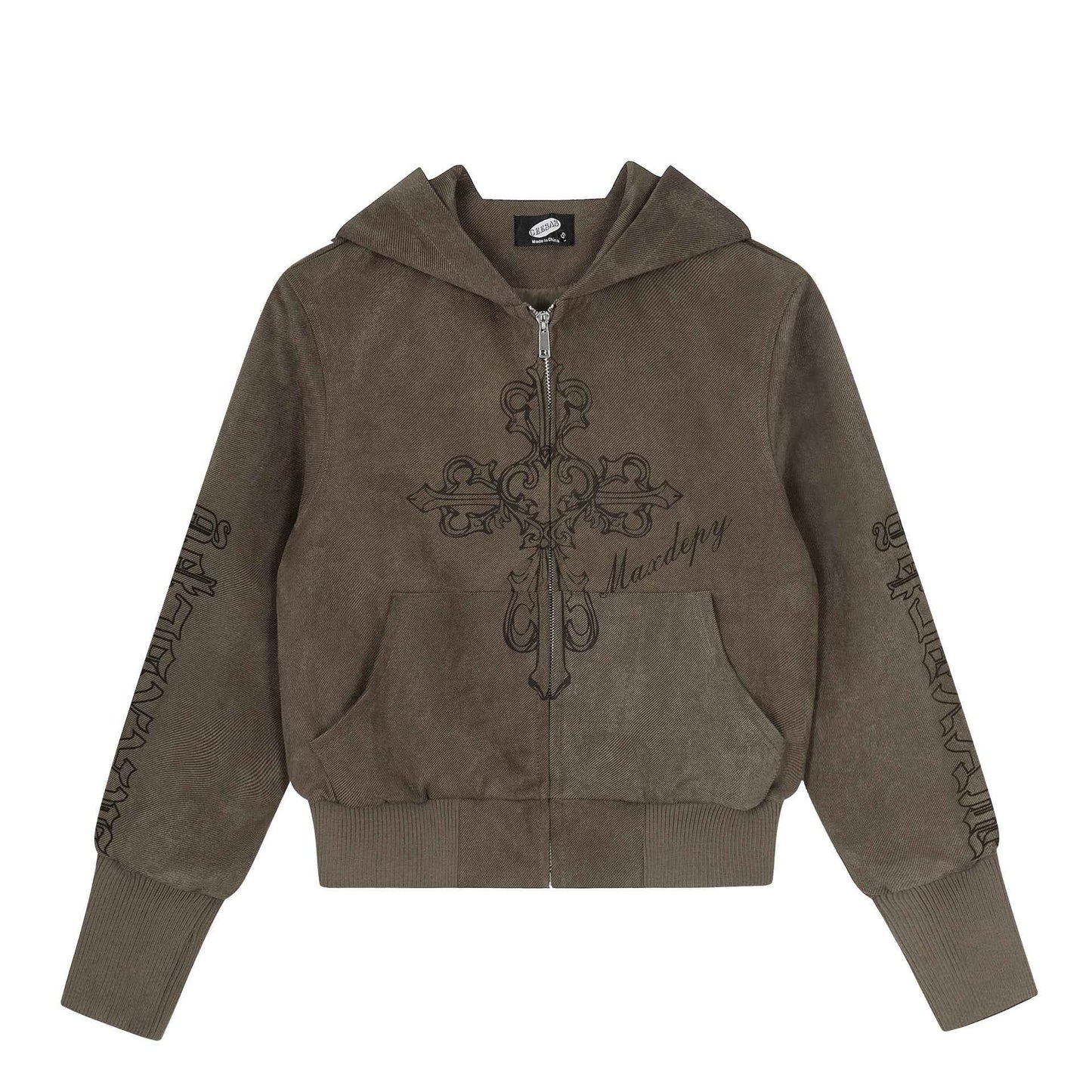 Retro cross print short hoodie for women | MuddyStock Originals Brown