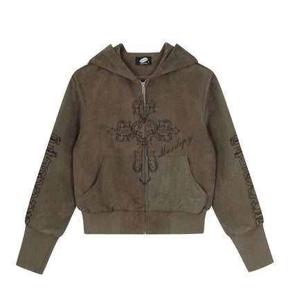 Retro cross print short hoodie for women | MuddyStock Originals Brown