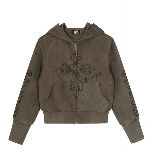 Retro cross print short hoodie for women | MuddyStock Originals Brown