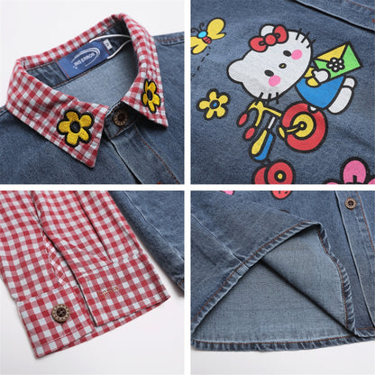 Fun Cartoon Printed Plaid Long Sleeve Shirt For Women | MuddyStock Originals eprolo
