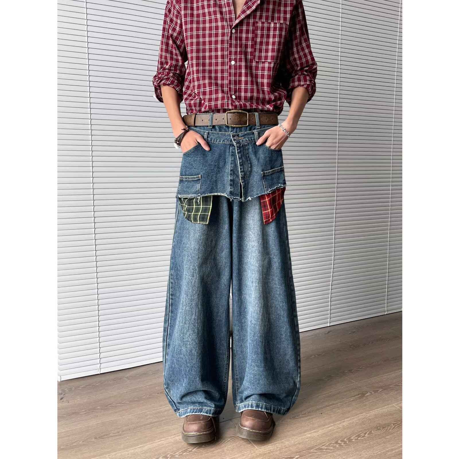 Retro fake two-piece checkered patchwork jeans for men | MuddyStock Originals Blue MuddyStock