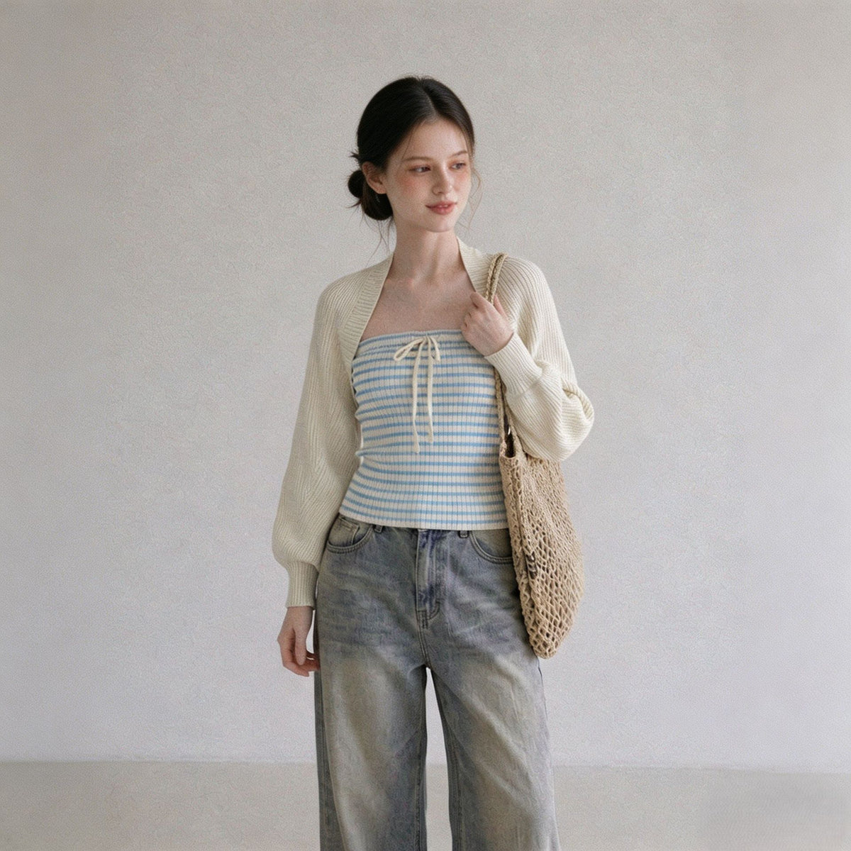 Apricot Knitted Cardigan Jacket with Camisole Set