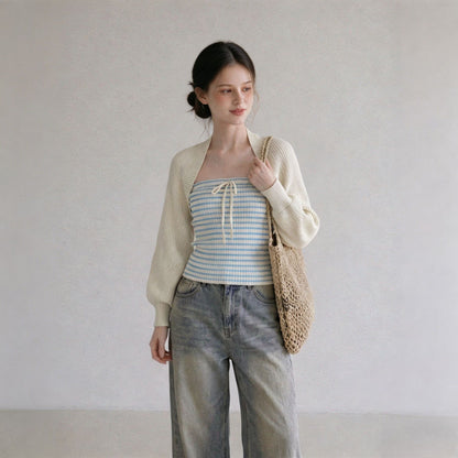 Apricot Knitted Cardigan Jacket with Camisole Set