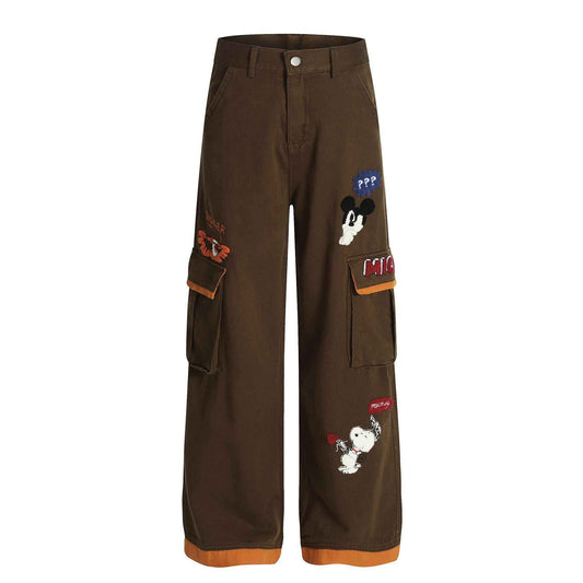 Retro cartoon embroidery patchwork workwear casual pants for men | MuddyStock Originals Brown eprolo