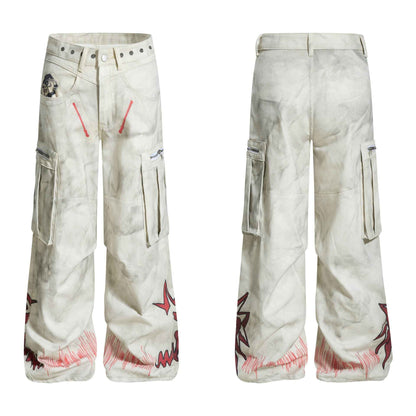 Dirty dye flame print large pocket wide leg jeans for men | MuddyStock Originals