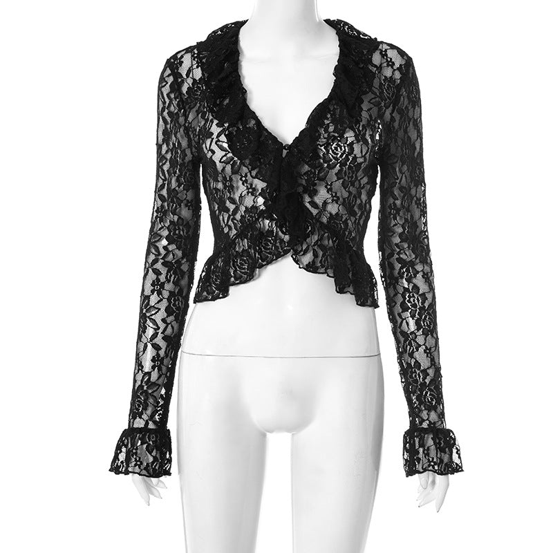 Elegant Lace Splicing Cardigan Top for Women | MuddyStock Originals Black MuddyStock