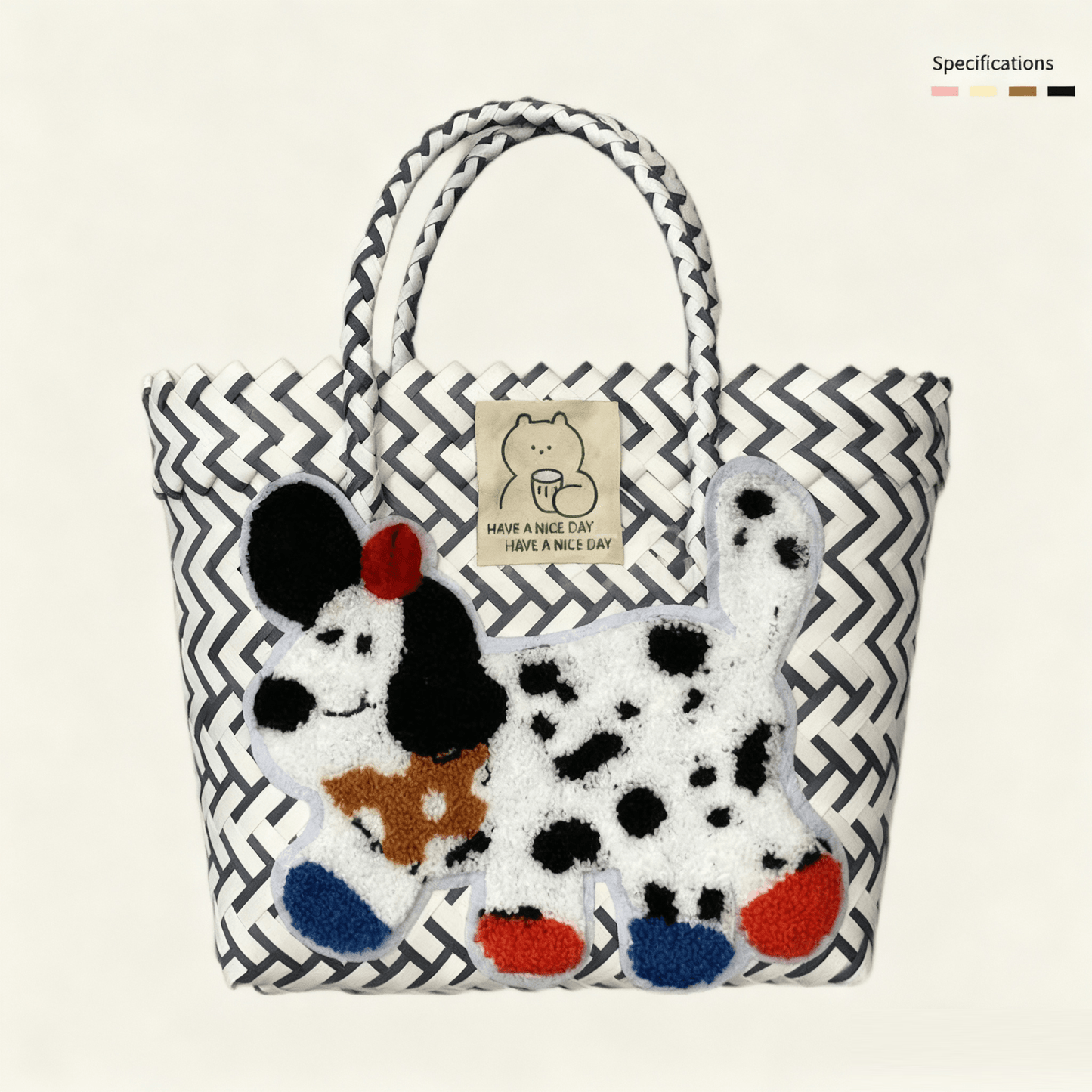 Large capacity sausage dog hand woven cabbage basket bag Handheld - Navy Blue Polka Dot Puppy