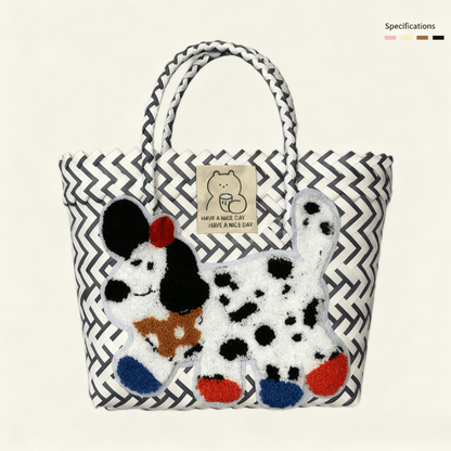 Large capacity sausage dog hand woven cabbage basket bag Handheld - Navy Blue Polka Dot Puppy