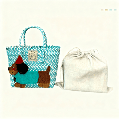 Large capacity sausage dog hand woven cabbage basket bag Handheld - Blue and White Blush Dog (with Lining)