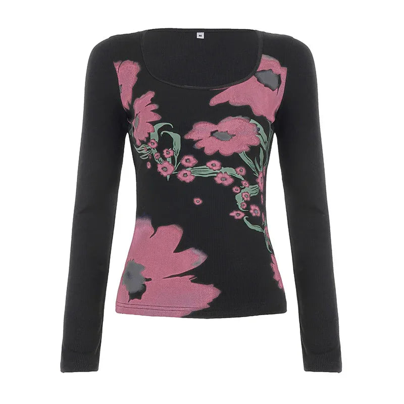 Floral print slim fit long sleeved T-shirt for women | MuddyStock Originals Black eprolo