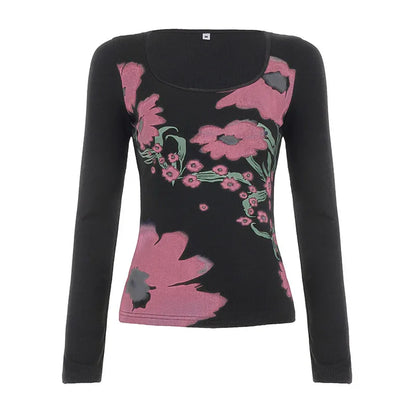 Floral print slim fit long sleeved T-shirt for women | MuddyStock Originals Black eprolo