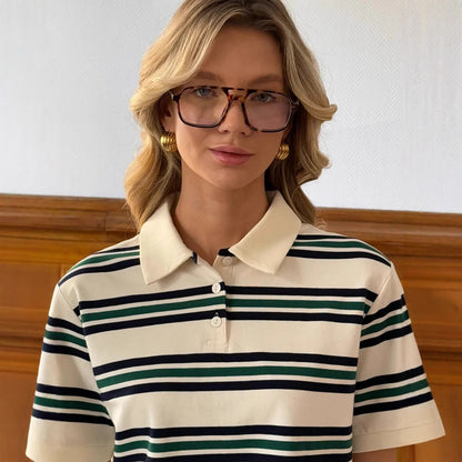 Stripe Polo Loose Fit Short Sleeve T-Shirt for Women | MuddyStock Originals MuddyStock