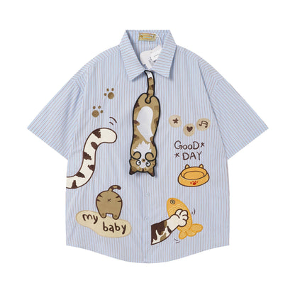Cat Fishing Cartoon Design Short Sleeve Shirt For Women | MuddyStock Originals Blue Stripe