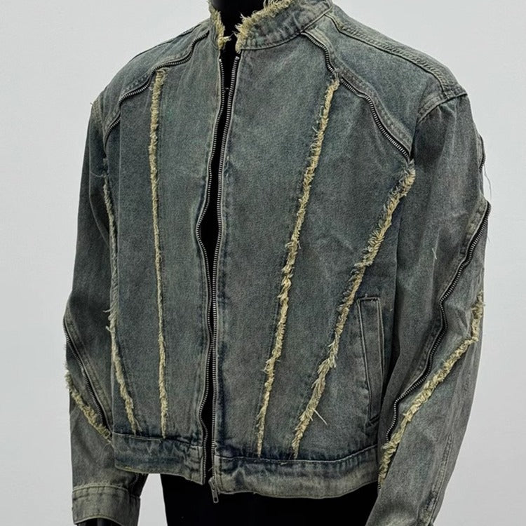 Retro deconstruction fringed washed denim jacket Blue