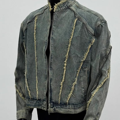 Retro deconstruction fringed washed denim jacket Blue