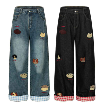 Washed vintage puppy embroidered lazy jeans for women | MuddyStock Originals MuddyStock