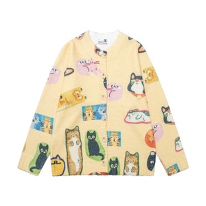 Hand drawn graffiti cat cardigan for women | MuddyStock Originals Yellow