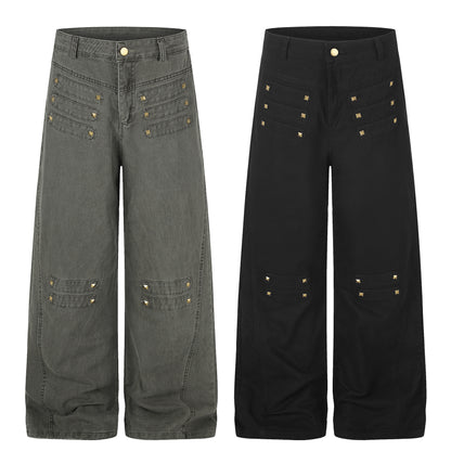 Metal Rivet Wide Leg Distressed Wash Vintage Drape Jeans For Women | MuddyStock Originals