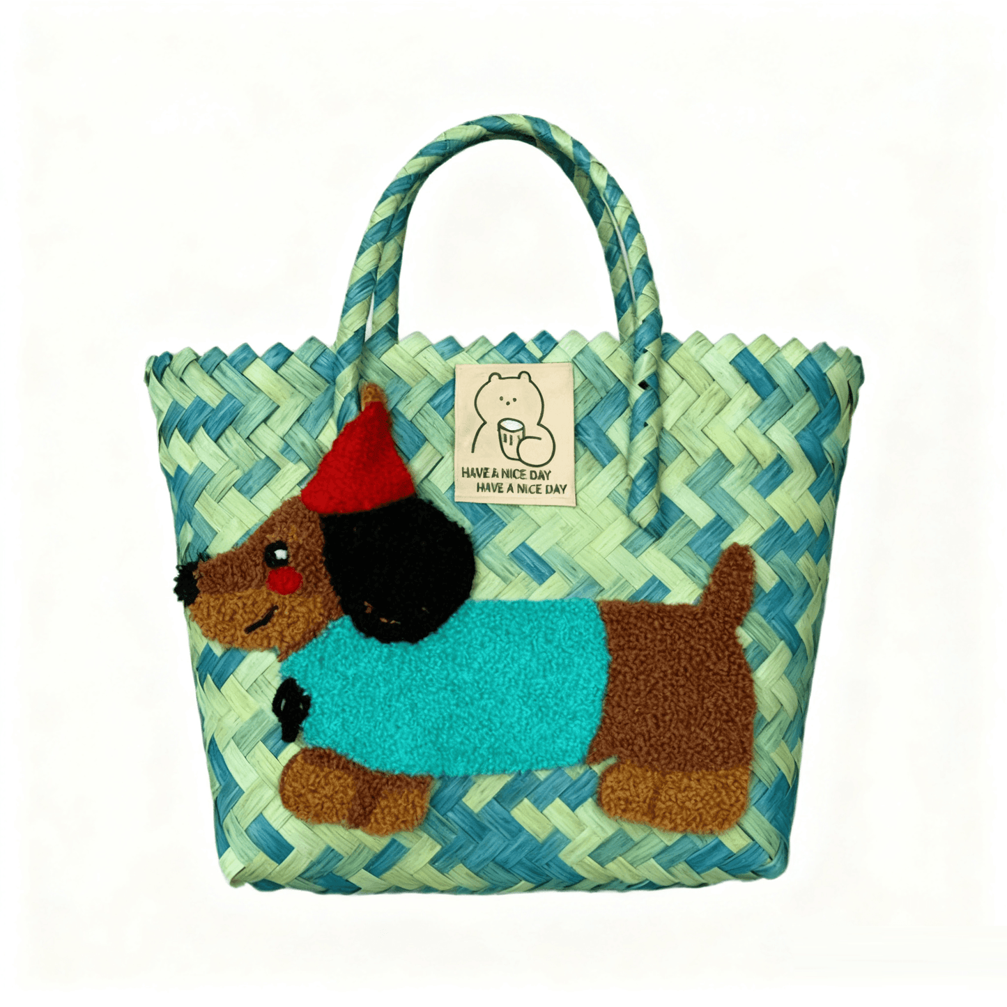 Large capacity sausage dog hand woven cabbage basket bag Handheld - Monet's Garden Blush Dog