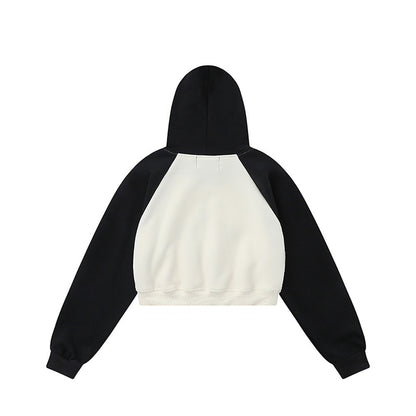 Star Embroidery Cropped Hoodie Loose Color-blocked Raglan Sleeve Pullover Hoodie