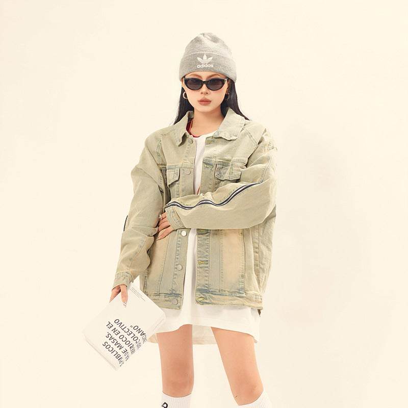 Washed and worn solid color zipper denim jacket for women | MuddyStock Originals MuddyStock