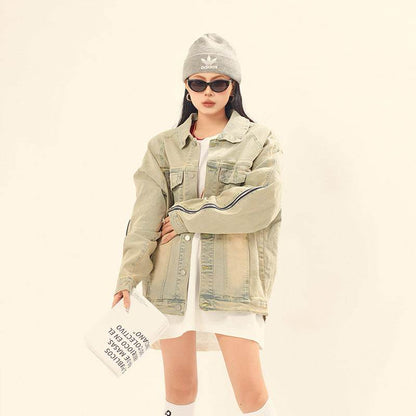 Washed and worn solid color zipper denim jacket for women | MuddyStock Originals MuddyStock
