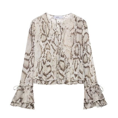 Women's European and American style flared sleeve printed shirt+casual pants set
