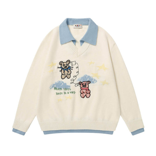 Retro Bear Print Turn-Down Collar Sweater For Men And Women | MuddyStock Originals MuddyStock