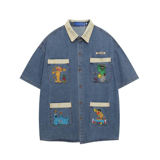 Embroidery Denim Short Sleeve Shirt for Men And Women | MuddyStock Originals Denim Blue MuddyStock