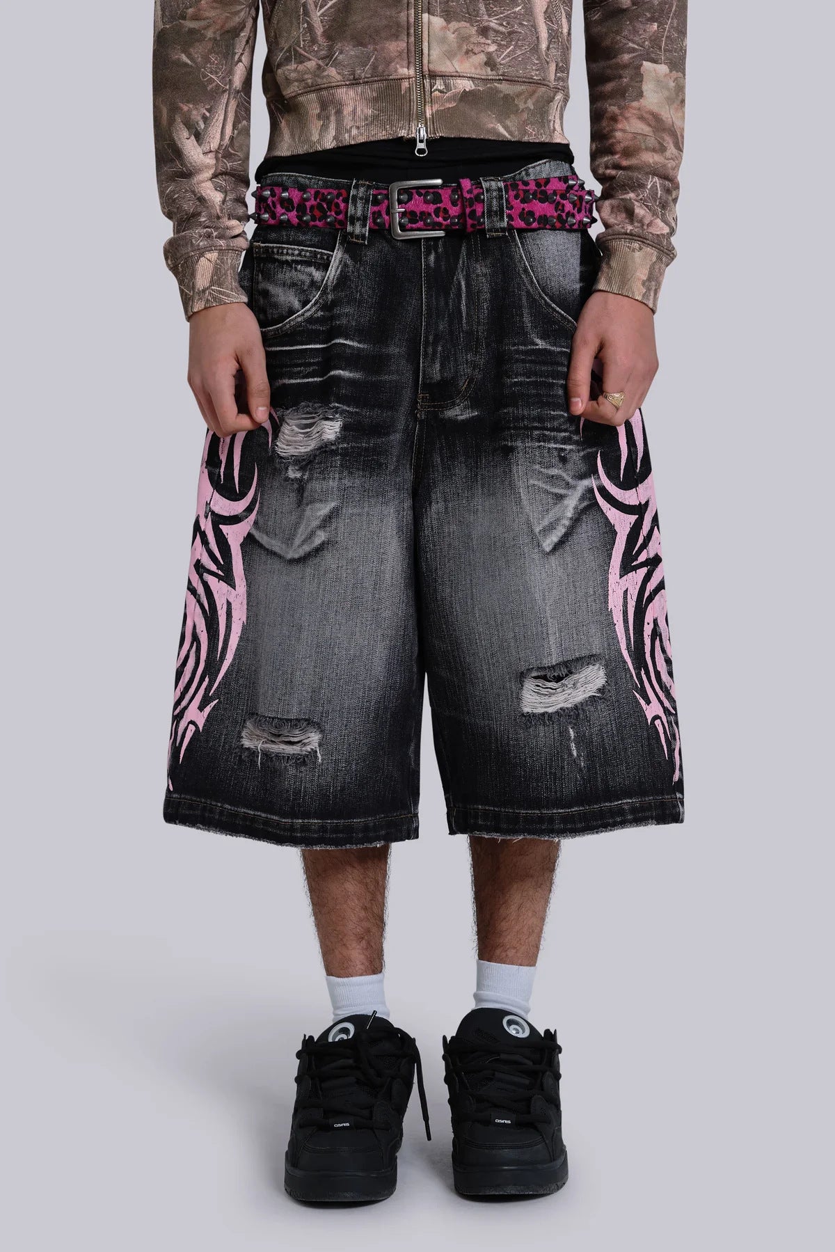High Street Denim Shorts Jaded Same Style Totem Print Ripped Wide Leg Pants Loose Three-Quarter Pants Trendy Black (In Stock, Ships Immediately)
