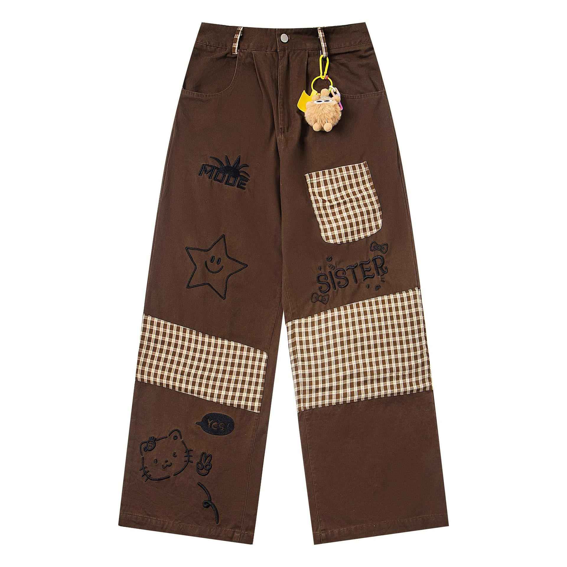 Cartoon embroidered checkered patchwork jeans Brown