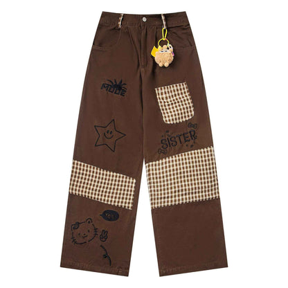 Cartoon embroidered checkered patchwork jeans Brown