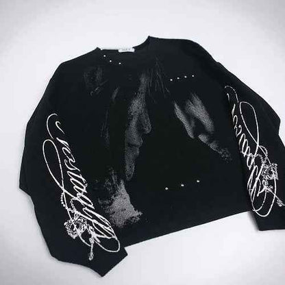 Gothic Subculture Waffle Long Sleeve Drop Shoulder Rivet Anime Graphic T-shirt For Men | MuddyStock Originals