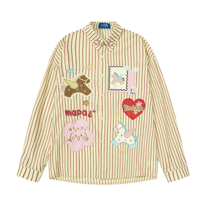 Striped Long Sleeve Lapel Collar Loose Casual Shirt Yellow