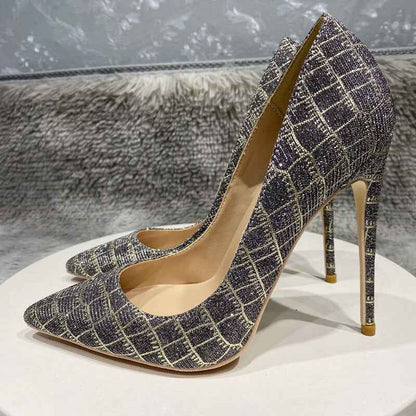 Glitter Embossed Crocodile Effect Women Greem Pointy Toe High Heel 12cm Gray 42