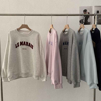 Round Neck Towel Embroidery Letter Fleece Long Sleeve Sweatshirt Loose Warm Hooded Top for Women eprolo