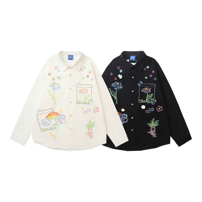 Retro Long Sleeve Graffiti Print Three-Dimensional Small Flower Long Sleeve Shirt For Women | MuddyStock Originals MuddyStock