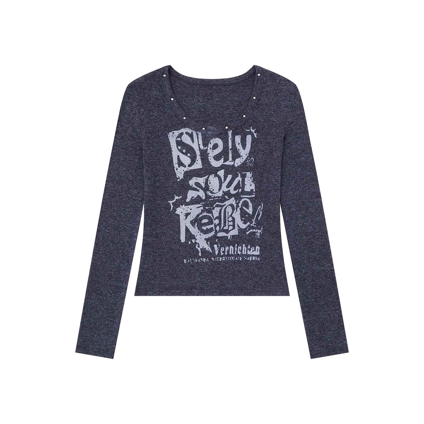 Letter U-Neck Long Sleeve Women's Stud Decorated Slim Fit Crop Top | MuddyStock Originals Gray